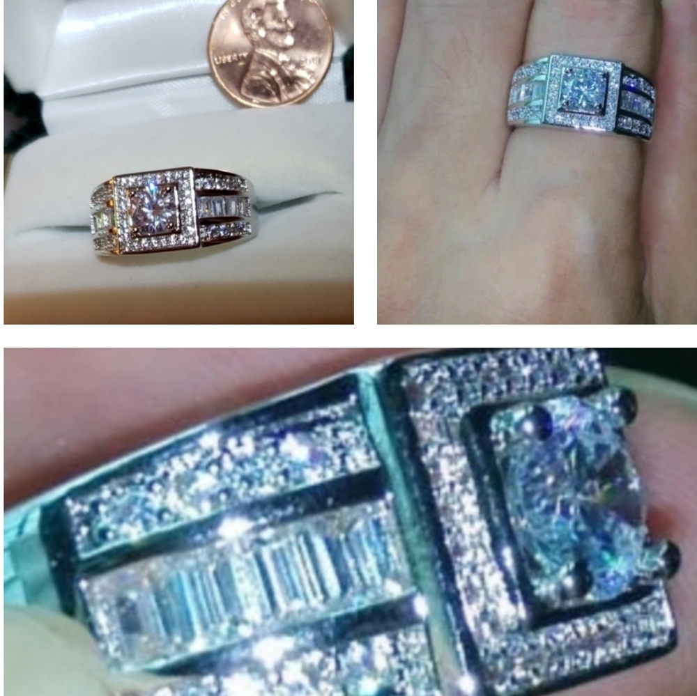 14K White Gold Sterling Silver Wedding Thick Heavy Masculine Ring Luxury - Picture 3 of 13